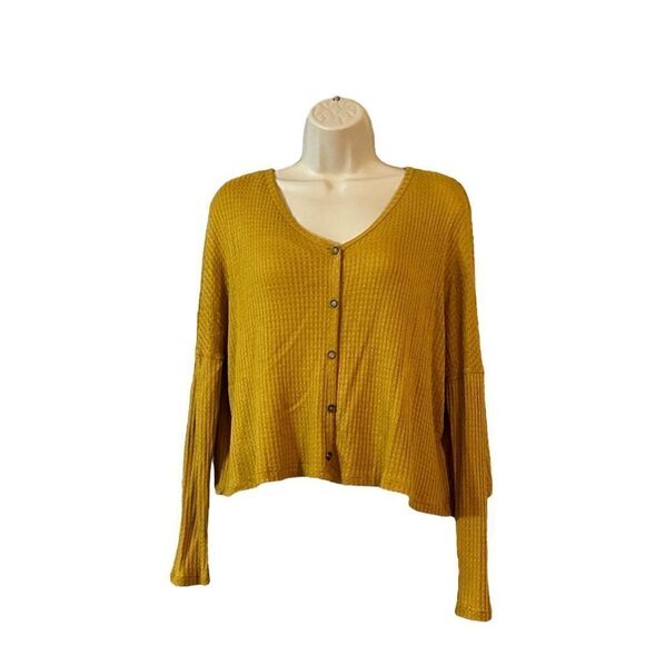 Ambiance Oversized small Long Sleeve Waffle Knit  Crop Top Scoop Neck - Picture 2 of 8